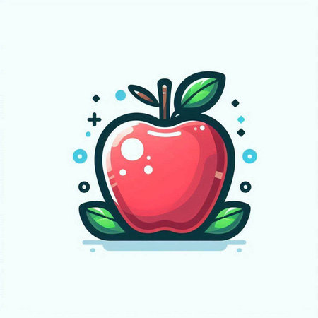 Apple icon. Vector illustration of a red apple with green leaves.のイラスト素材