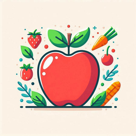 Healthy food concept. Vector illustration of apple with carrot, strawberry, carrot and broccoli.のイラスト素材
