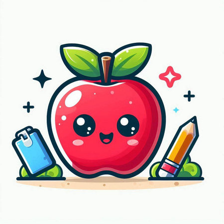 Cute kawaii apple character with school supplies. Vector illustration.のイラスト素材
