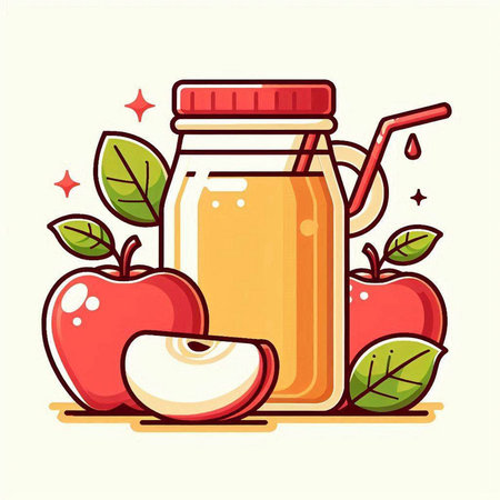 Apple juice in a jar with a straw and apples. Vector illustration.のイラスト素材