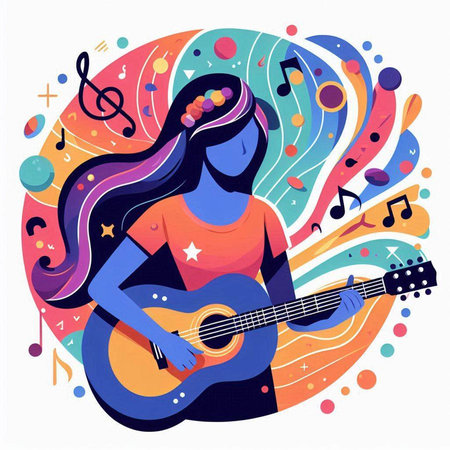 Vector illustration of a girl playing the guitar. Colorful background with musical notes.のイラスト素材