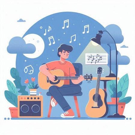 Man playing guitar at home. Flat vector illustration in cartoon style.のイラスト素材