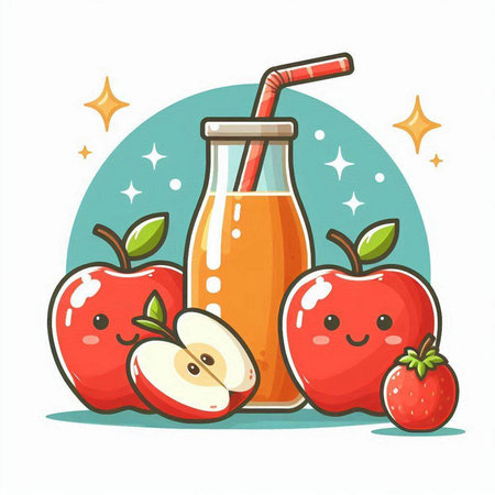 Apple juice in a bottle with a straw and apples. Vector illustration.のイラスト素材