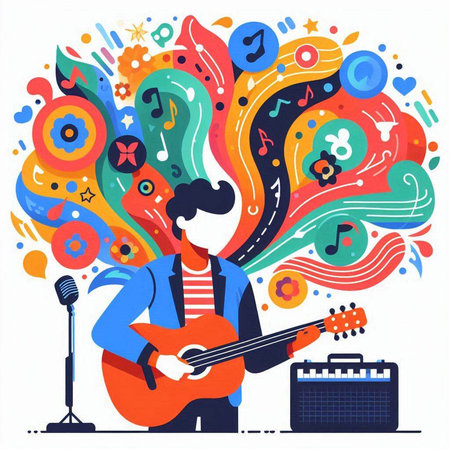 Vector illustration of a man playing guitar with musical notes in the backgroundのイラスト素材