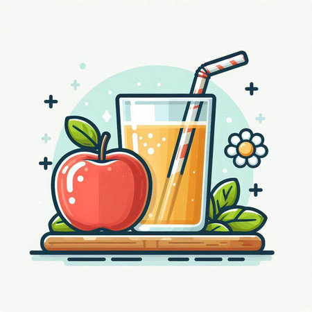 Apple juice in a glass with a straw, flat vector illustration.のイラスト素材