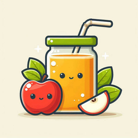 Apple juice in a glass jar with a straw and apple slices. Vector illustration.のイラスト素材