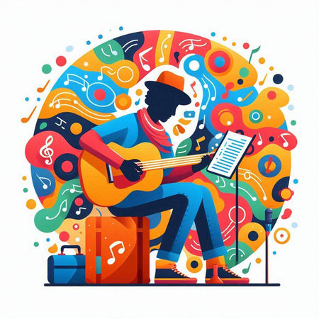 Musician playing the guitar on a colorful background. Vector illustration.のイラスト素材