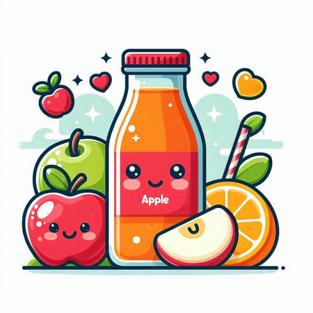 Cute cartoon apple juice in bottle with fruits. Vector illustration.のイラスト素材