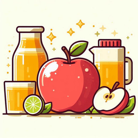 Apple juice in glass bottles and apple slices on light background. Vector illustration.のイラスト素材