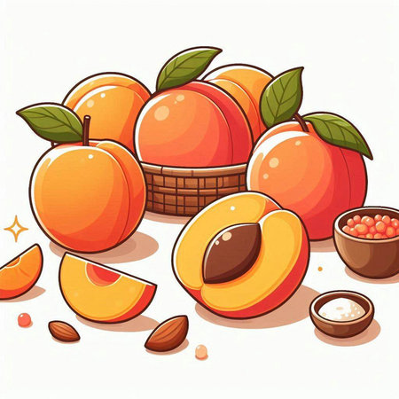Peach fruits with leaves and seeds. Vector cartoon illustration isolated on white background.のイラスト素材