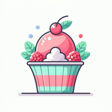 Cupcake with cherry and whipped cream. Vector illustration in cartoon styleのイラスト素材