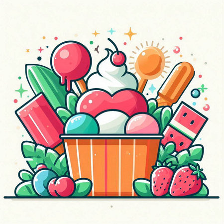 Ice cream vector illustration. Ice cream in a box with strawberries, ice cream balls, ice cream cones and lollipop.のイラスト素材