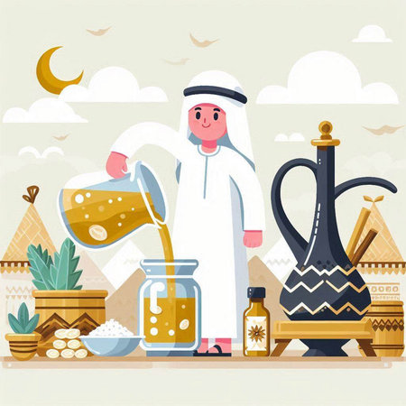 Arabic man pouring honey in jar. Vector illustration in flat styleのイラスト素材