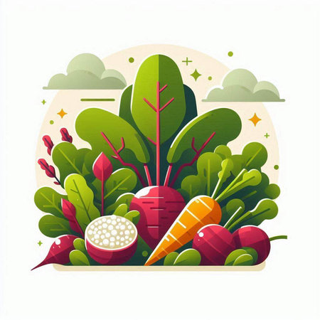Vegetable banner with radish, beetroot, carrot and onion. Vector illustration.のイラスト素材