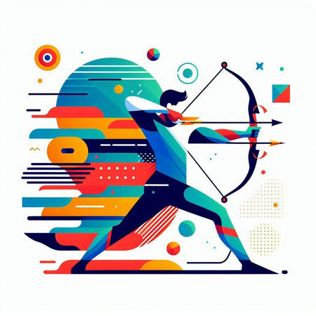 Archer with bow and arrow on abstract colorful background, vector illustrationのイラスト素材