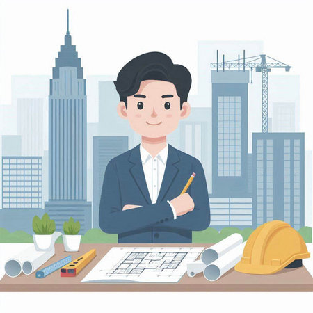 Architect on the background of the construction site. Vector illustration.のイラスト素材