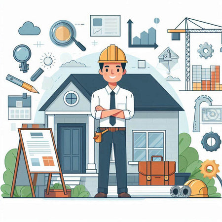 Architect standing near house with construction equipment. Vector illustration in flat styleのイラスト素材