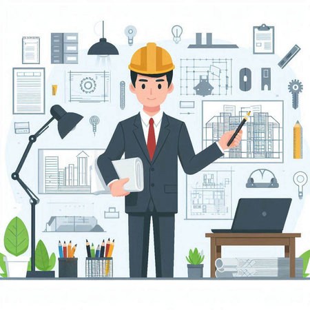 Architect in a helmet with a blueprint. Vector illustration in flat styleのイラスト素材