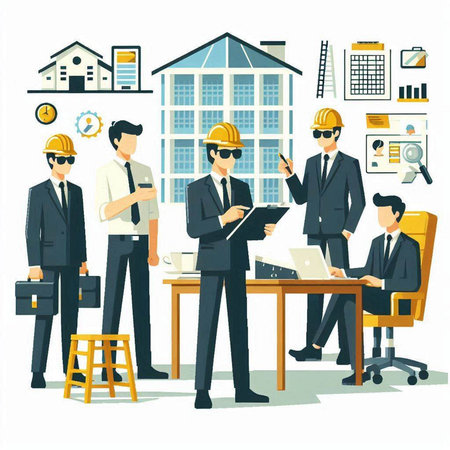 Architects and engineers working in office. Vector flat illustration.のイラスト素材