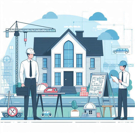 Architectural background. Vector illustration in flat design style. Construction worker, engineer, architect, builder, engineer.のイラスト素材