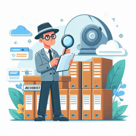 Businessman with magnifying glass and folders. Vector illustration in cartoon styleのイラスト素材