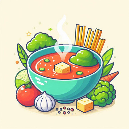 Vegetable soup. Vector illustration of a bowl of vegetable soup.のイラスト素材