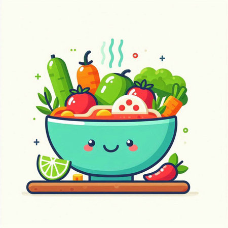 Cute cartoon vector illustration of a bowl of fresh vegetable salad.のイラスト素材