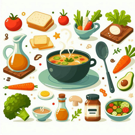 Vegetable soup in bowl and ingredients for cooking vector illustration.のイラスト素材