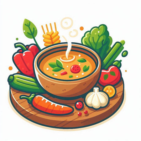 Bowl of soup with vegetables. Vector illustration in cartoon style.のイラスト素材