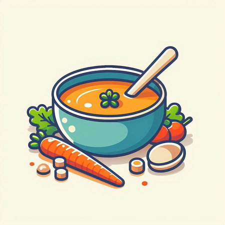 Carrot soup in bowl with spoon and fresh vegetables, vector illustrationのイラスト素材