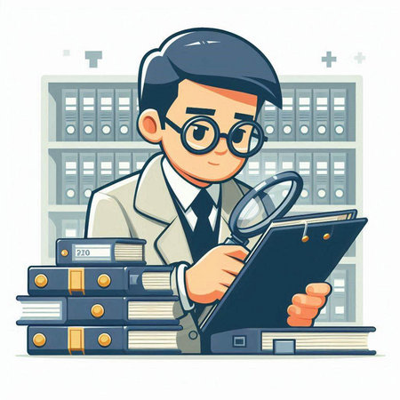 Vector illustration of a young businessman with a magnifying glass working in the officeのイラスト素材