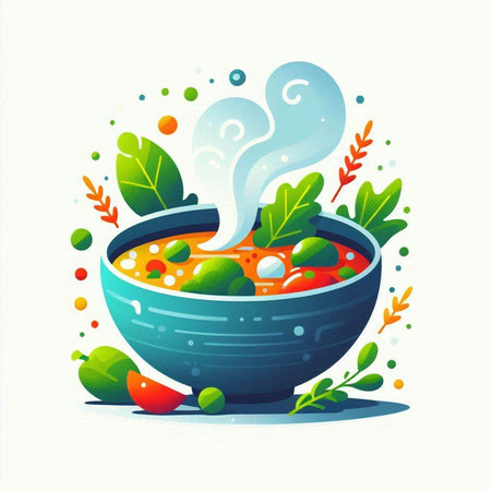 Vector illustration of a bowl of soup with vegetables, herbs and spicesのイラスト素材