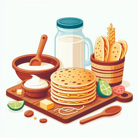 Illustration of a set of products for making crepes. Vector illustrationのイラスト素材