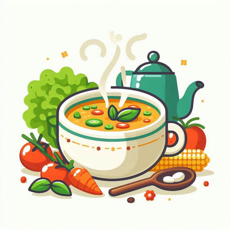 Vegetable soup in a bowl. Vector illustration in flat style.のイラスト素材