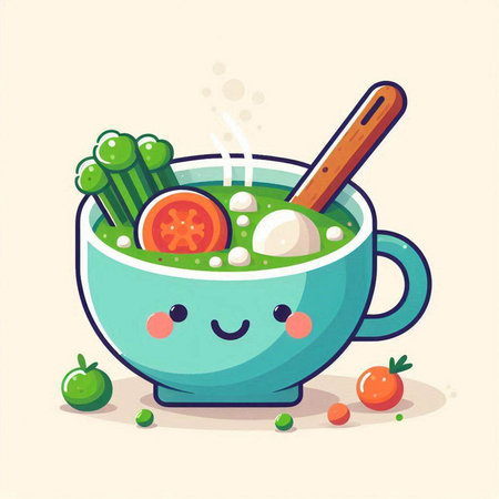 Cartoon vector illustration of bowl of vegetable soup in kawaii styleのイラスト素材