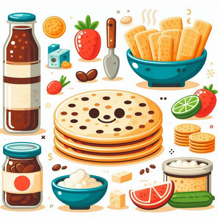 Pancakes and sweets in cartoon style. Vector illustration of breakfast.のイラスト素材
