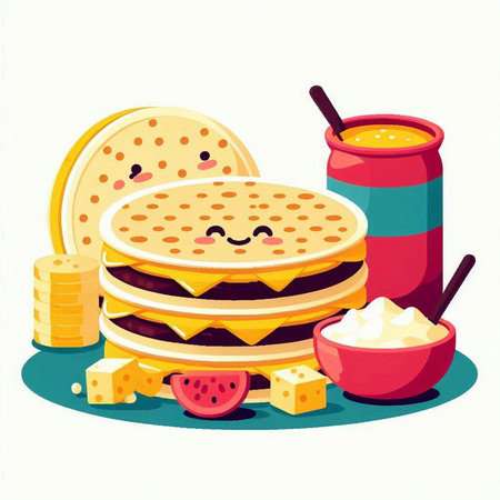 Illustration of a pile of pancakes with cheese, tomato and yogurtのイラスト素材