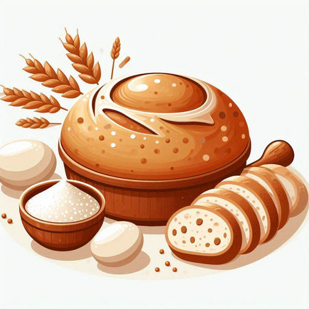 Illustration of a loaf of bread and wheat ears on a white backgroundのイラスト素材