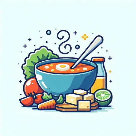 Tomato soup in bowl with ingredients. Vector illustration in flat style.のイラスト素材
