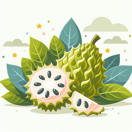 Soursop fruit with leaves. Vector illustration in cartoon style.のイラスト素材