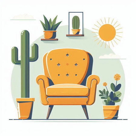Vector illustration in flat style with armchair, cactus and sun.のイラスト素材