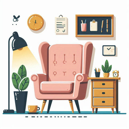 Living room interior with armchair, table, clock, bookshelf, coffee cup, plant and other things. Vector illustration.のイラスト素材