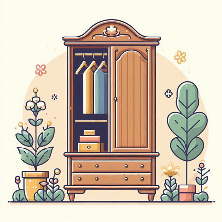 Cabinet with books and flowers. Vector illustration in flat styleのイラスト素材