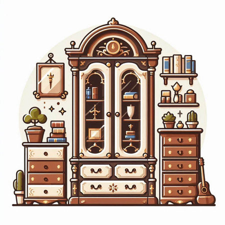 Vector illustration of a beautiful vintage chest of drawers in cartoon style.のイラスト素材