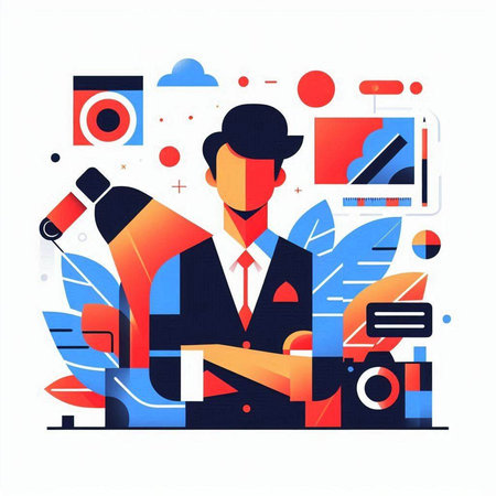 Vector illustration of a businessman working on a laptop in the office.のイラスト素材