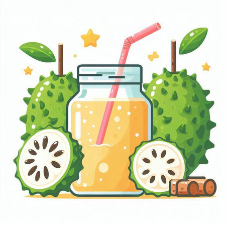 Cute vector illustration of a smoothie in a glass jar with a straw and a piece of fruit.のイラスト素材