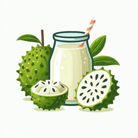 Soursop juice in a glass with a straw. Vector illustration.のイラスト素材