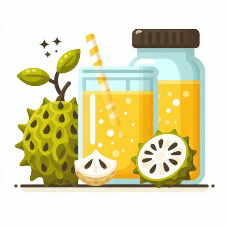Soursop fruit and juice in glass bottle. Vector illustration.のイラスト素材