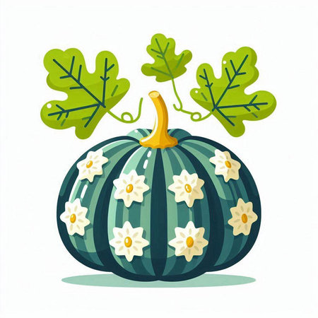 Green pumpkin with white flowers and leaves isolated on white background. Vector illustration.のイラスト素材