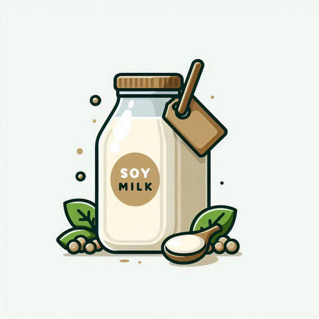 Soy milk in a glass bottle with a label. Vector illustration.のイラスト素材